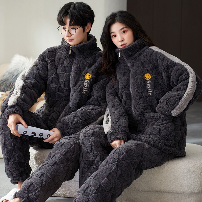 浪莎睡衣情侣冬季加厚加绒珊瑚绒夹棉袄三层湖南省服宽松冬天套装