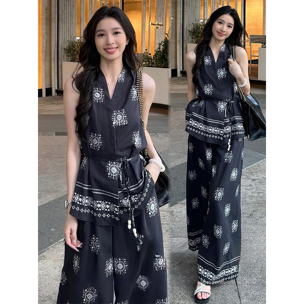 夏季复古印花收腰无袖背心高腰阔腿裤三件套