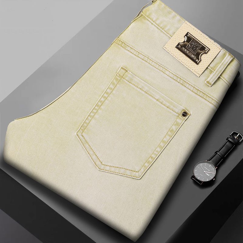 【香槟黄】休闲时尚个性柔软修身男士小直筒百搭弹力牛仔裤男