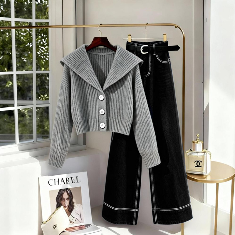慵懒风女装岩石灰针织衫2025年早秋季新款高级感深色休闲裤两件套