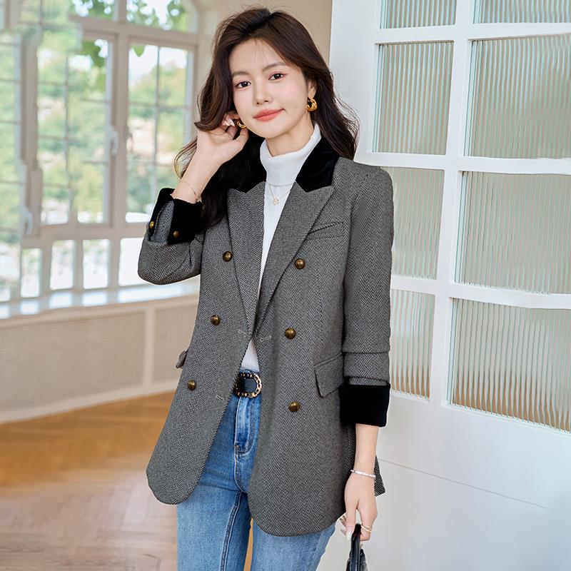 千鸟格西装外套女春秋高级感2025新款洋气休闲宽松小个子毛呢西服