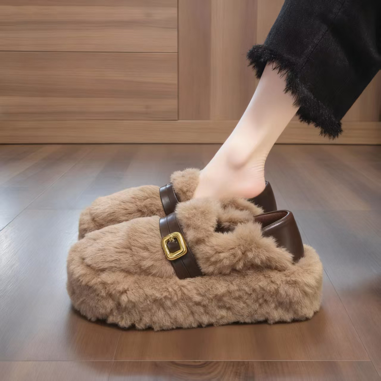 【羊羔绒】毛毛鞋女2025新款冬季外穿网红厚底增高加绒保暖孕妇棉鞋