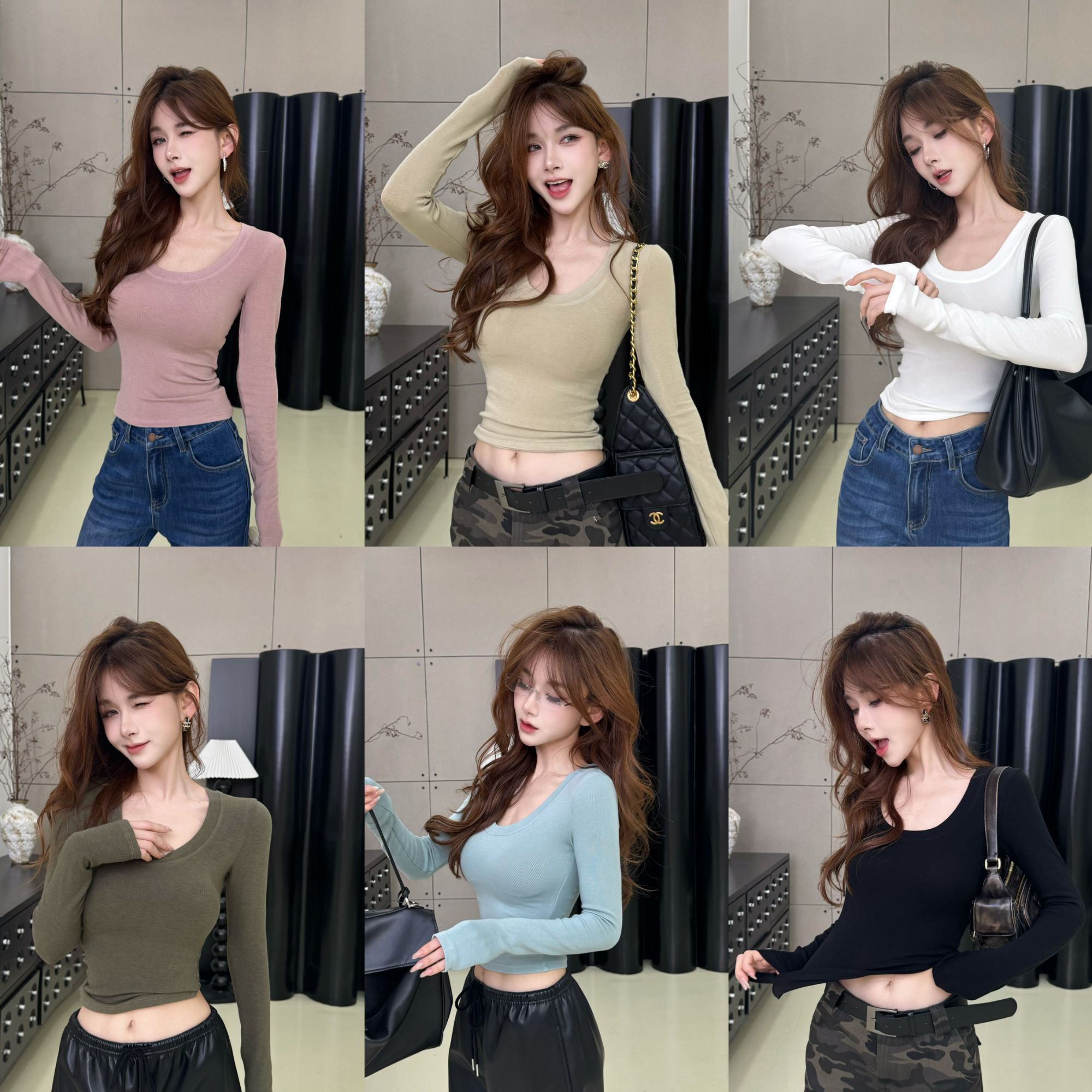 【瘦瘦T】防走光柔软U领长袖修身显瘦T百搭打底衫长袖内搭洋气小衫