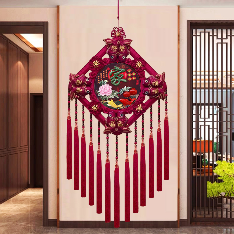 故宫红F【莲鱼兆瑞】中国结挂件客厅玄关福字新年装饰背景墙 M39F-Y