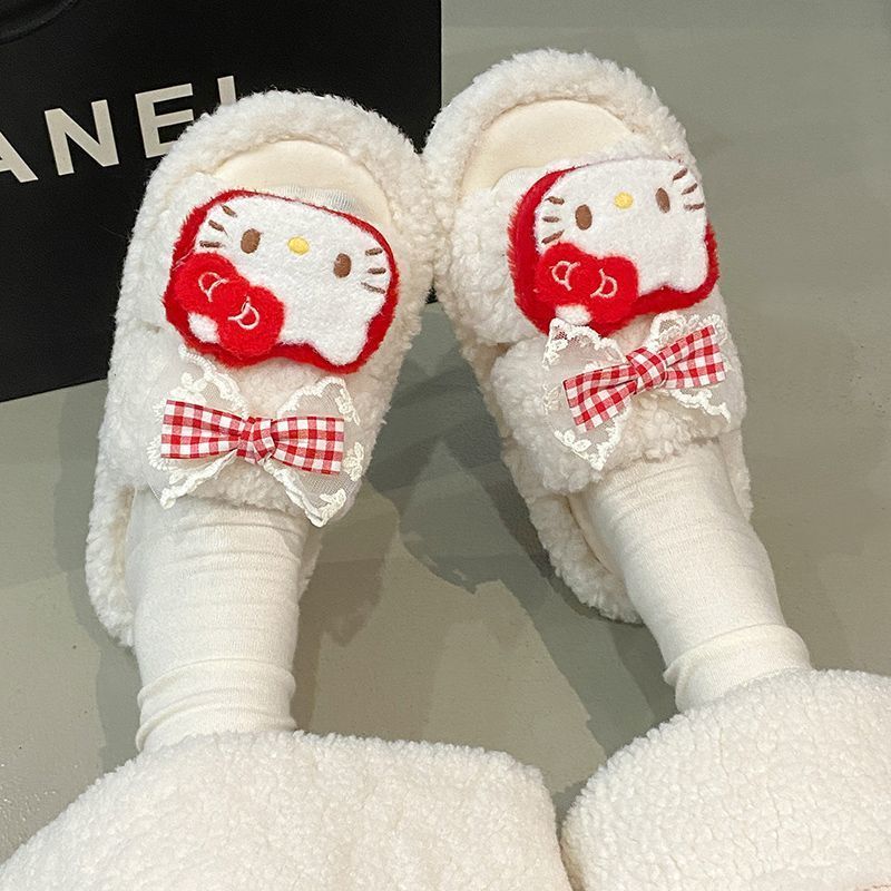 爆款冬季毛绒一字棉拖鞋女保暖防滑凯蒂猫蝴蝶韩版学生居家百搭鞋
