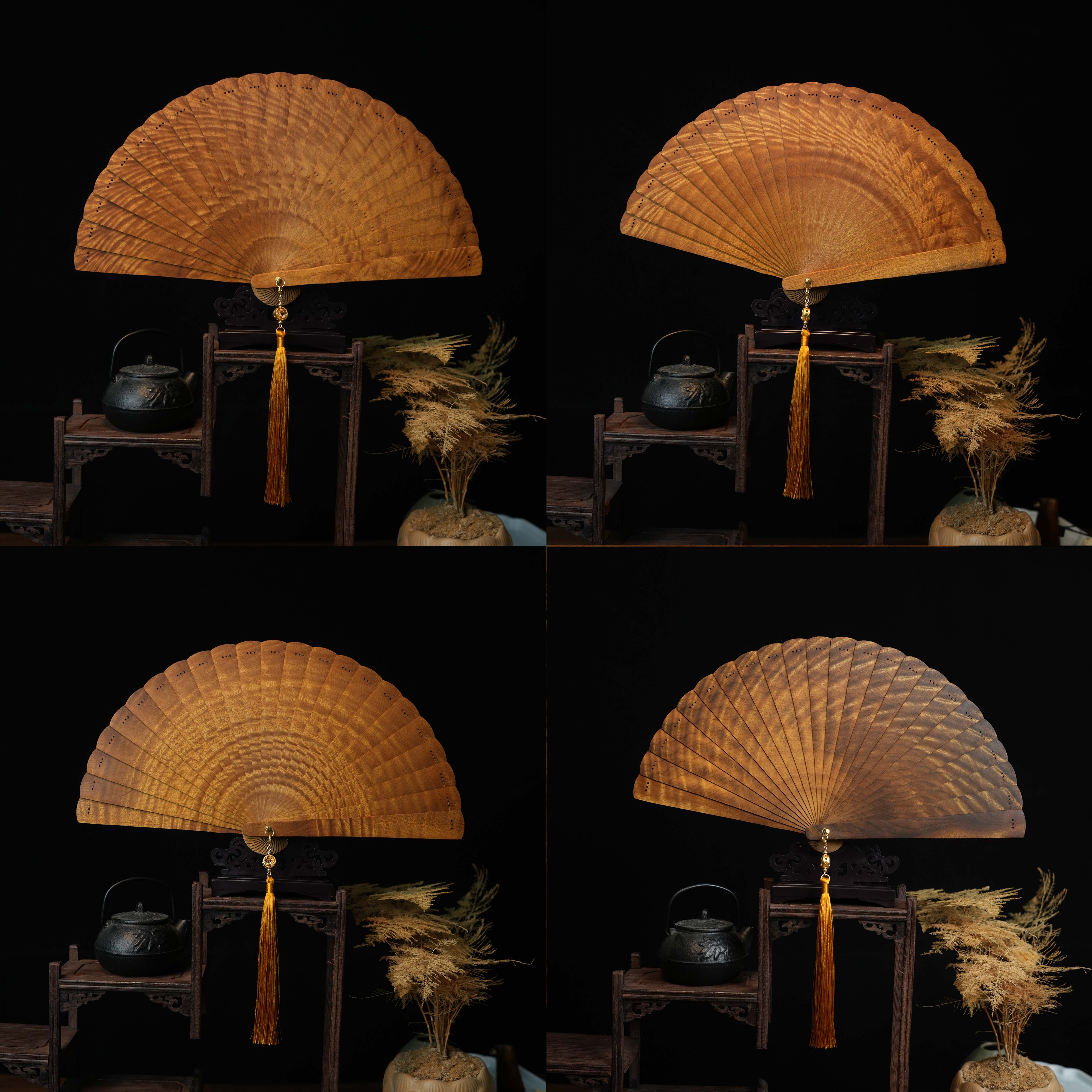 亭中荷【苏扇】木扇水波纹木扇便携古风工艺扇收藏送礼手把件孤品