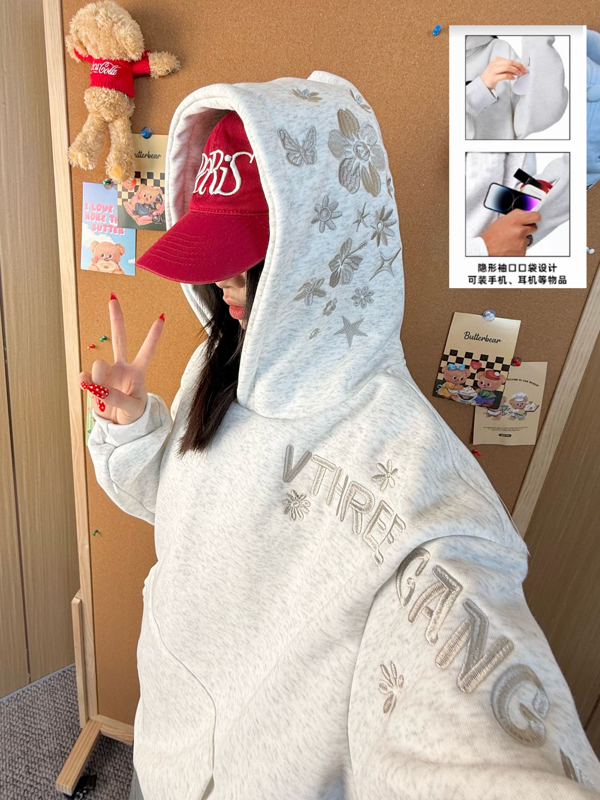 VThree帽子花卉刺绣连帽袖袋卫衣男女款秋季宽松帽衫美式情侣外套