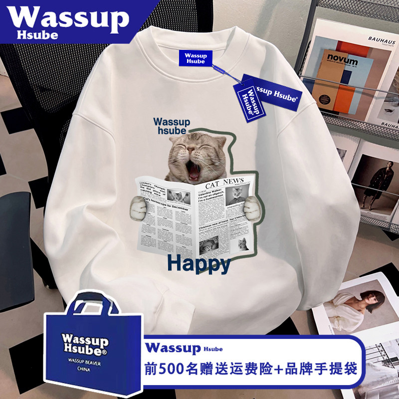 WASSUP HSUBE秋冬季100%纯棉白色长袖T恤读报纸小猫印花男款上衣