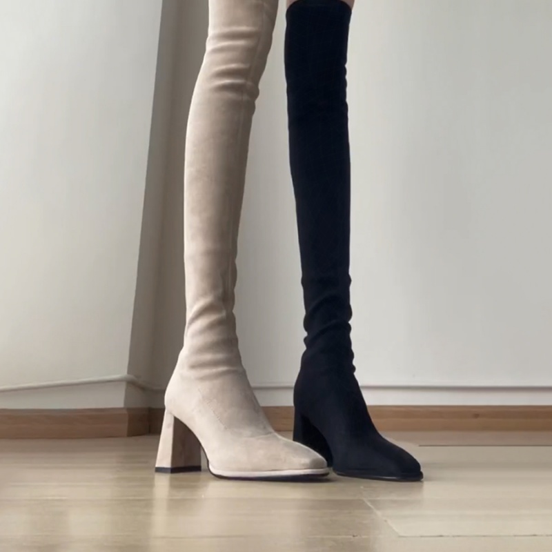 过膝长靴女款2025新款早秋方头粗高跟爆款鞋子瘦瘦靴高筒弹力靴子