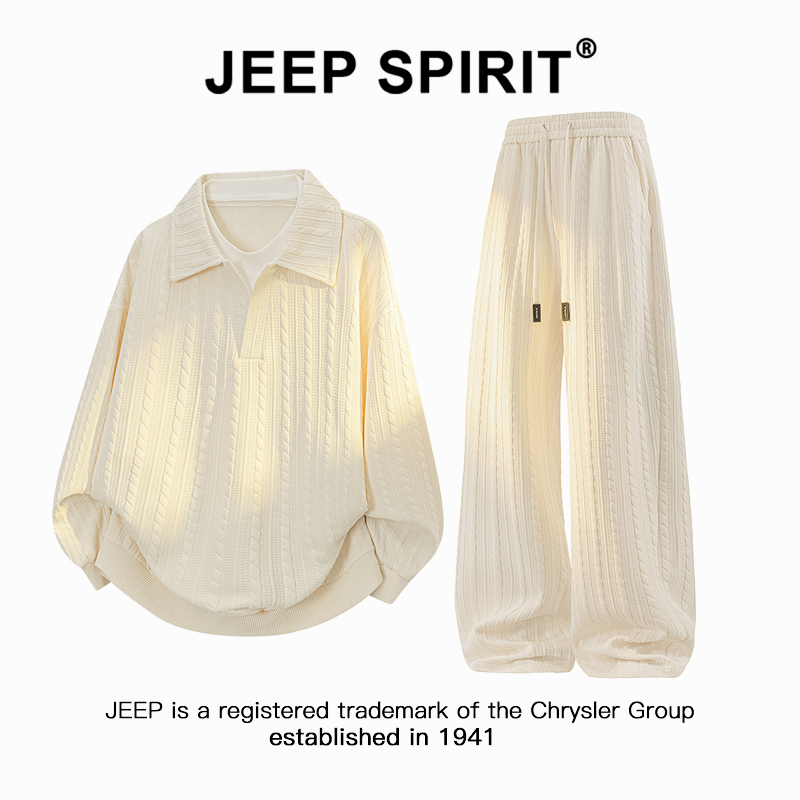 Jeep吉普肌理感提花Polo衫套装男士春秋宽松大码休闲裤穿搭一整套