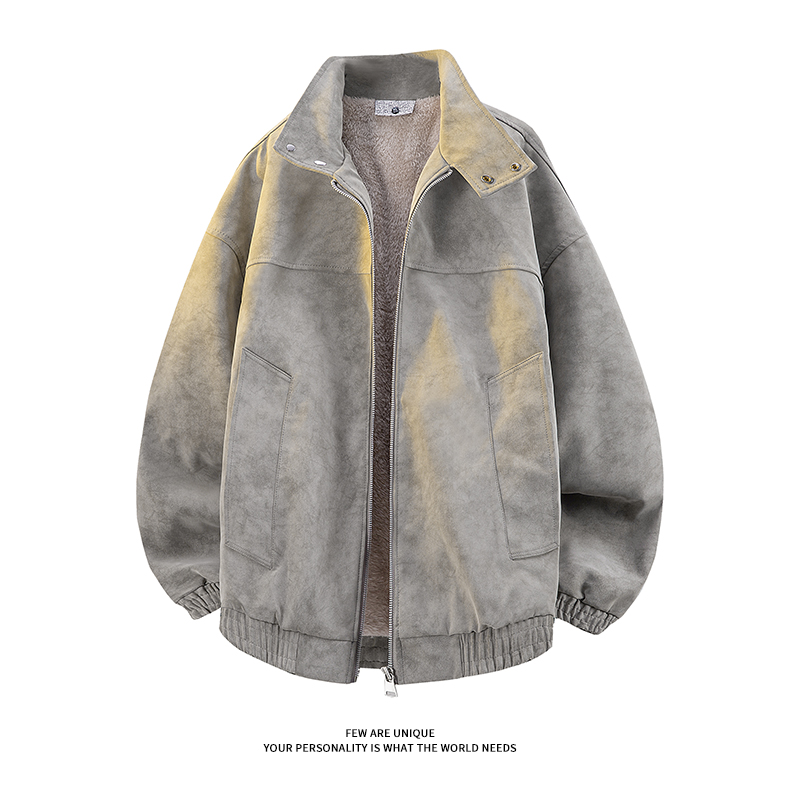 美式扎染夹克男秋冬季加厚立领外套2025新款潮流男生休闲宽松皮衣