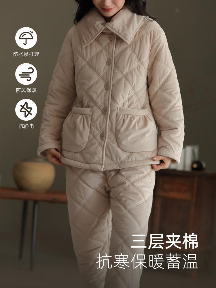 25冬季加厚保暖睡衣套装三层夹棉可外穿家居服舒适加绒抗静电防水