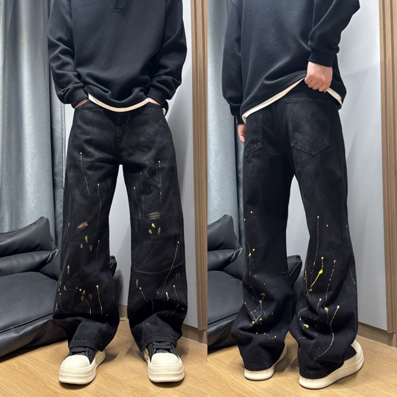 2025秋冬美式潮流设计感牛仔裤男士高街泼墨宽松直筒阔腿休闲长裤