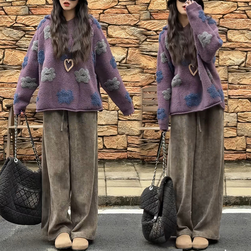 2025秋季新款潮流印花长袖上衣+高腰阔腿裤两件套女时尚百搭衣服