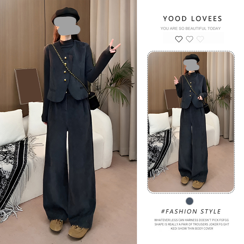 休闲灰色马甲阔腿裤套装女春秋老钱风三件套ootd穿搭大方得体减龄