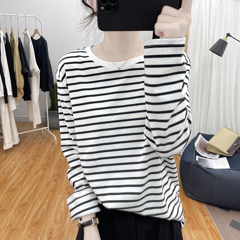 高品质春秋冬棉质条纹长袖T恤女宽松减龄上衣复古圆领打底衫体恤