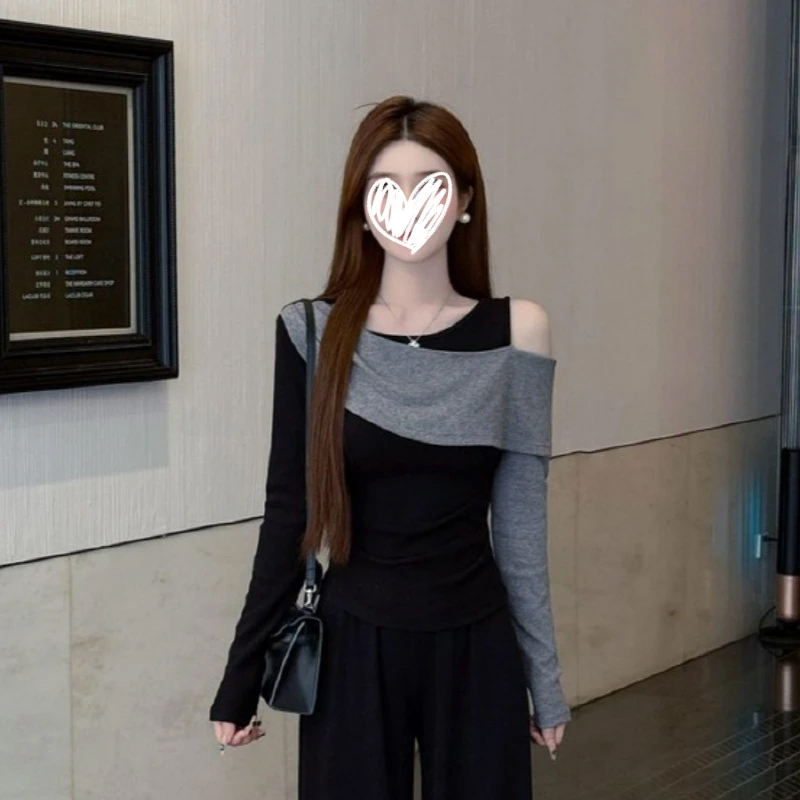 韩系时尚洋气百搭撞色露肩长袖T恤女装秋冬修身显瘦百搭打底上衣