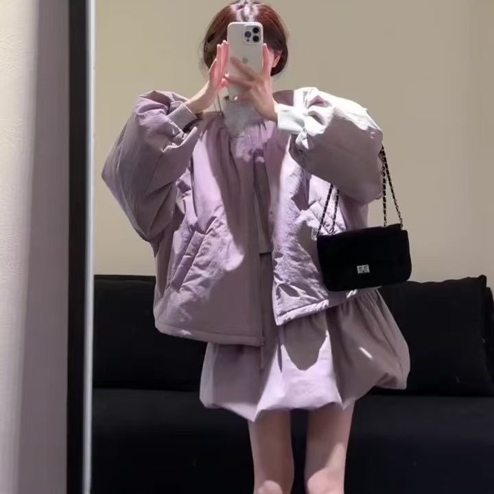 法式气质宽松圆领长袖棉服外套高腰显瘦花苞半身裙两件套秋冬