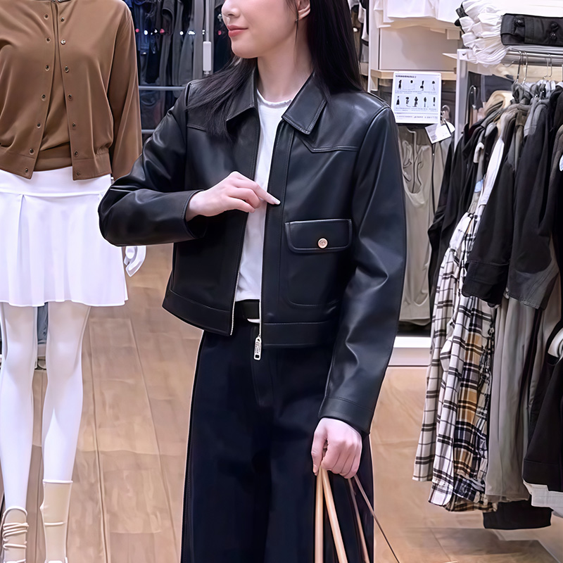 韩版高级感洋气皮衣外套女2025秋季新款百搭简约外搭翻领黑色上衣