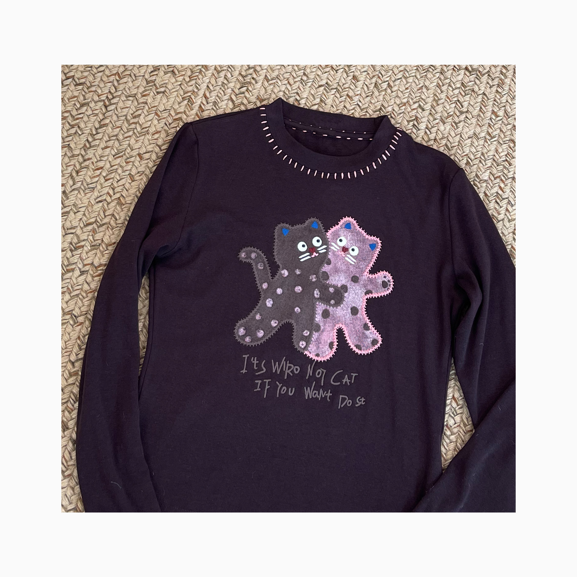 LNHJ【猫的坐标】设计感精致时尚猫咪印花圆领长袖T恤