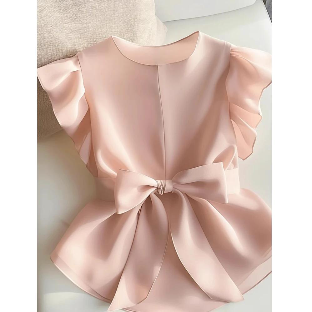 粉色荷叶袖衬衫2025新款女夏季气质高级感法式小众独特别致短上衣