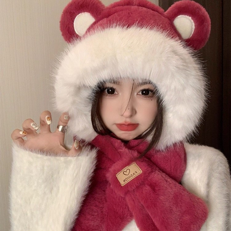 可爱小熊帽子围巾围脖一体女冬护耳罩雷锋帽毛绒骑车保暖滑雪帽j