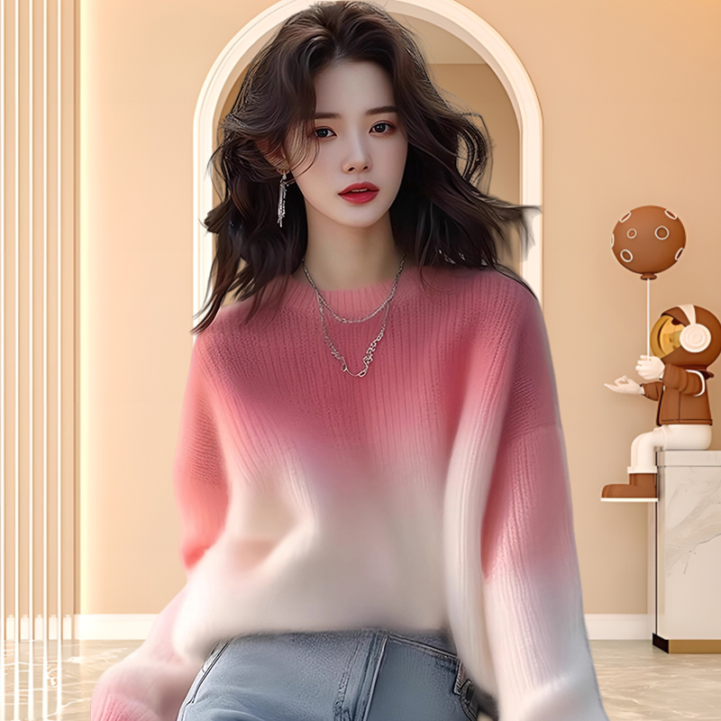 设计感洋气晕染渐变色女士毛衣2025秋冬新款粉白色圆领针织衫上衣