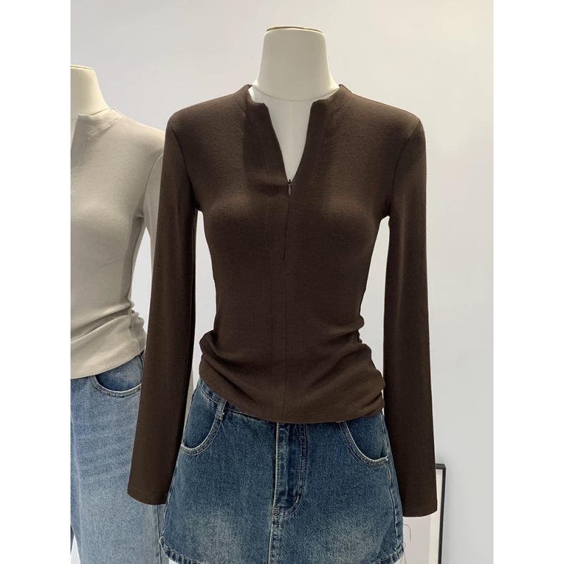 设计感拉链修身打底衫女秋冬2025新款内搭超好看长袖咖色加绒上衣