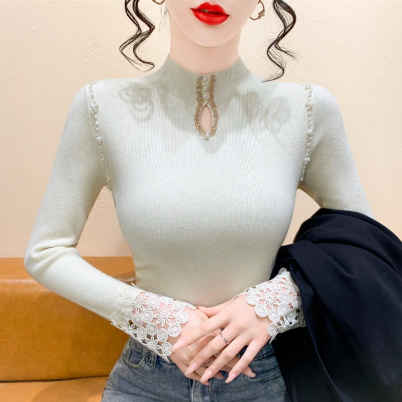 实拍 钉珠镂空半高领针织衫女秋冬气质设计感修身冬季长袖毛衣