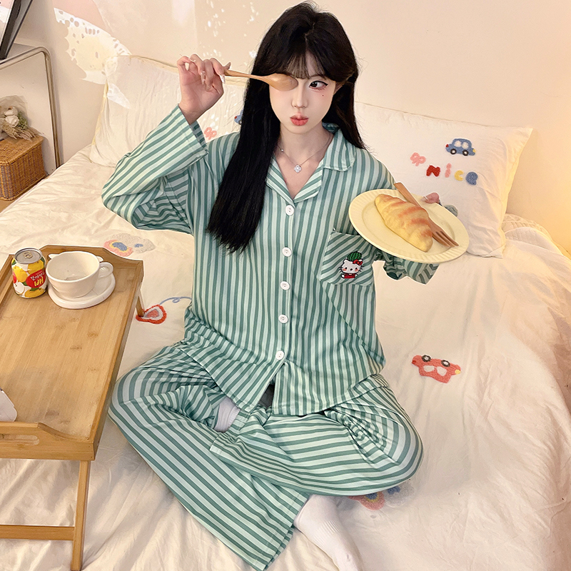 【PIC】秋冬新款德绒睡衣女韩版ins甜美可爱条纹开衫网红家居服套装