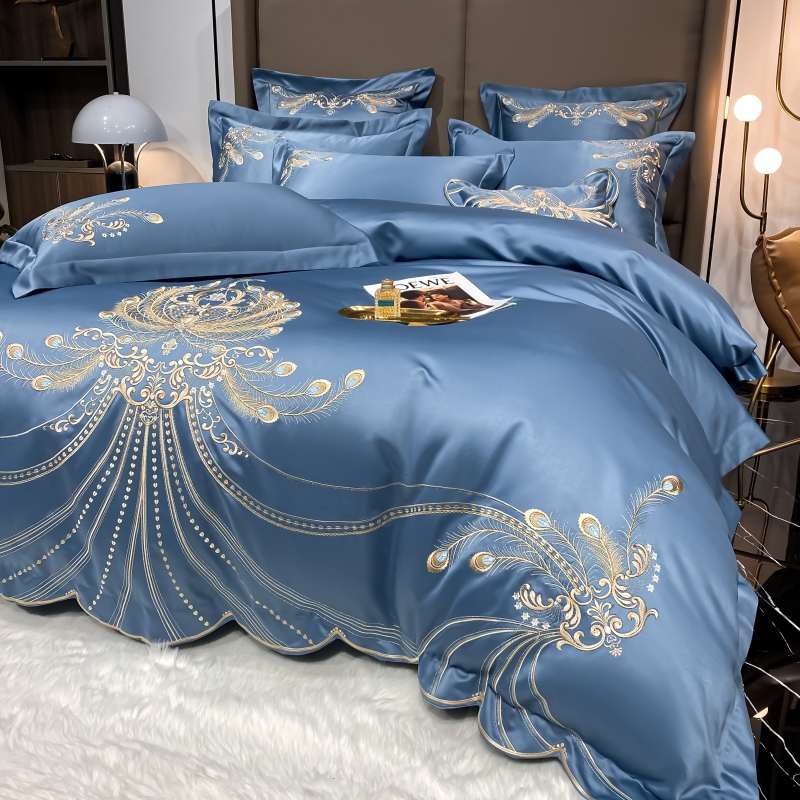 富安娜欧式高级感纯棉裸睡四件套贡缎刺绣全棉被套床笠轻奢双人被