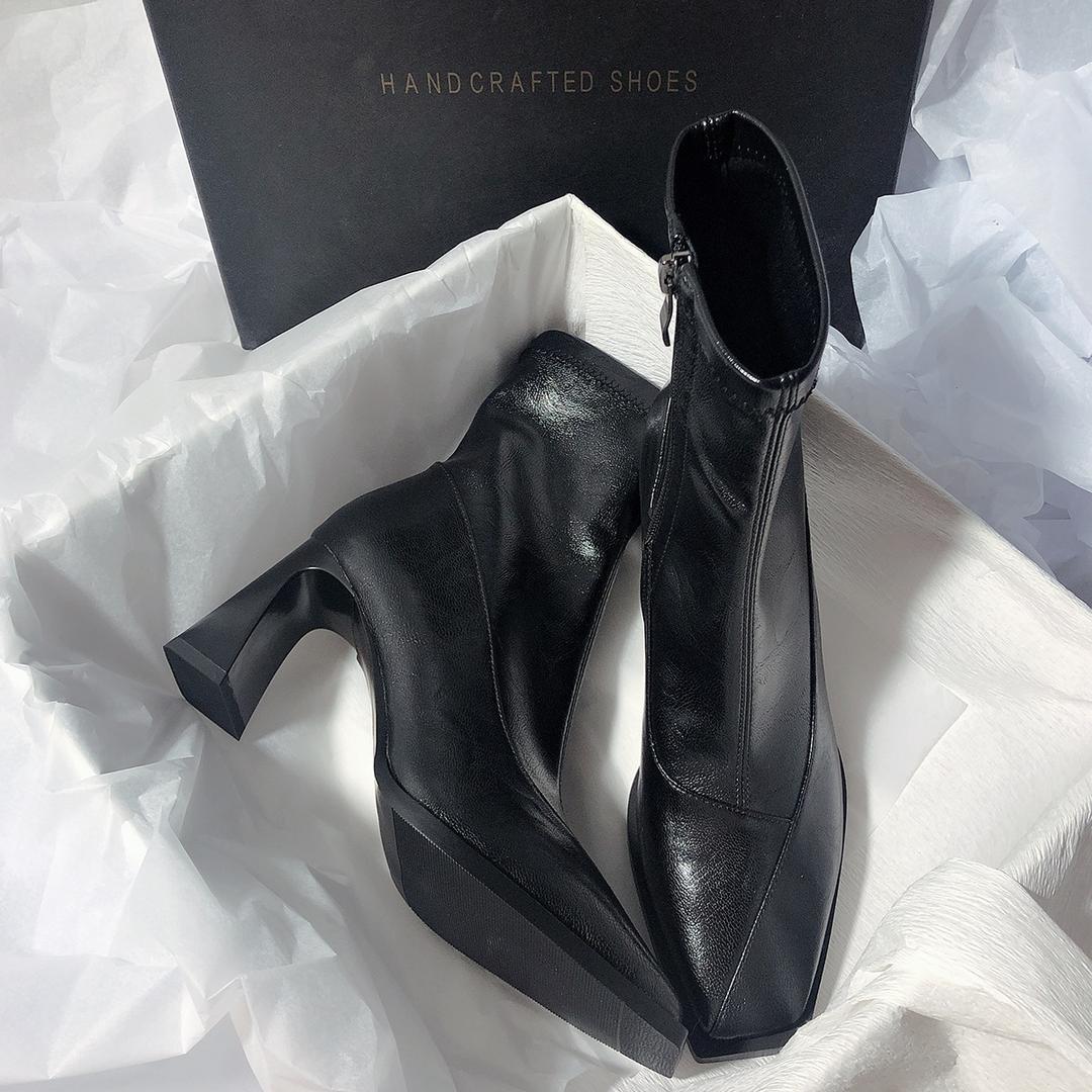 2025秋冬高跟弹力瘦瘦靴方头侧拉链新款小众粗跟气质短靴女英伦风