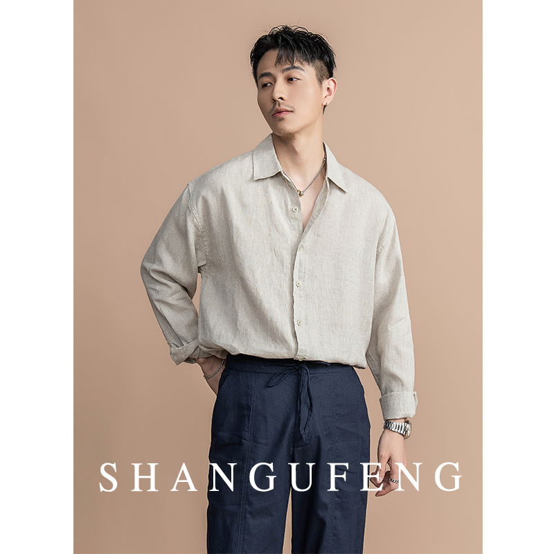 SHANGUFENG意式100%亚麻色织长袖衬衫男士休闲舒适通勤透气衬衣男