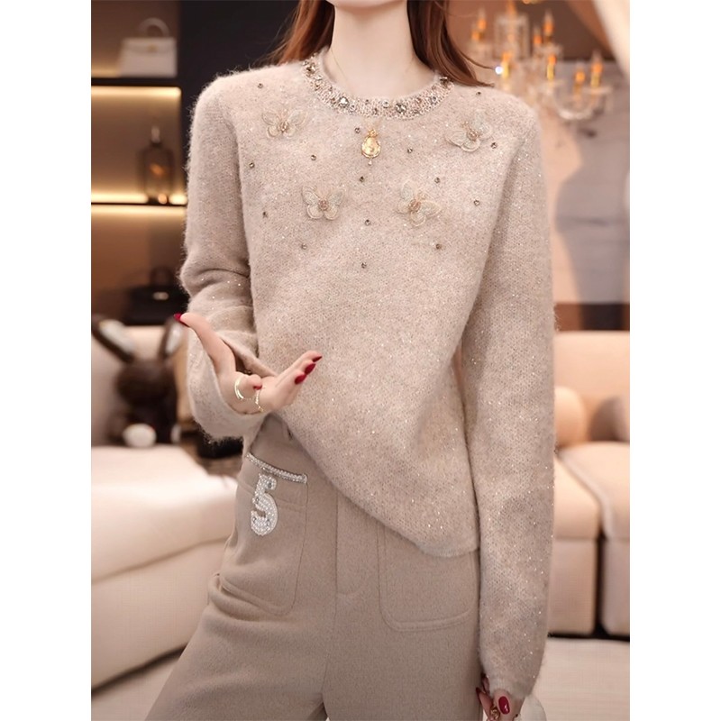 2025秋冬新款法式重工轻奢亮片串珠立体蝴蝶时尚气质长袖针织衫女