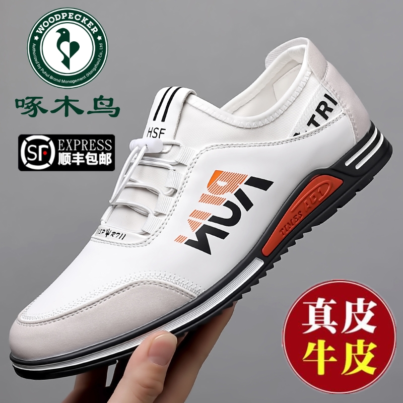 啄木鸟男鞋新款真皮百搭韩版小白鞋软底透气运动休闲皮鞋男士潮鞋