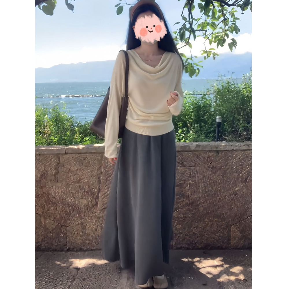 秋季新款气质高级感荡领斜肩显瘦上衣时尚轻柔百搭垂感半身裙套装