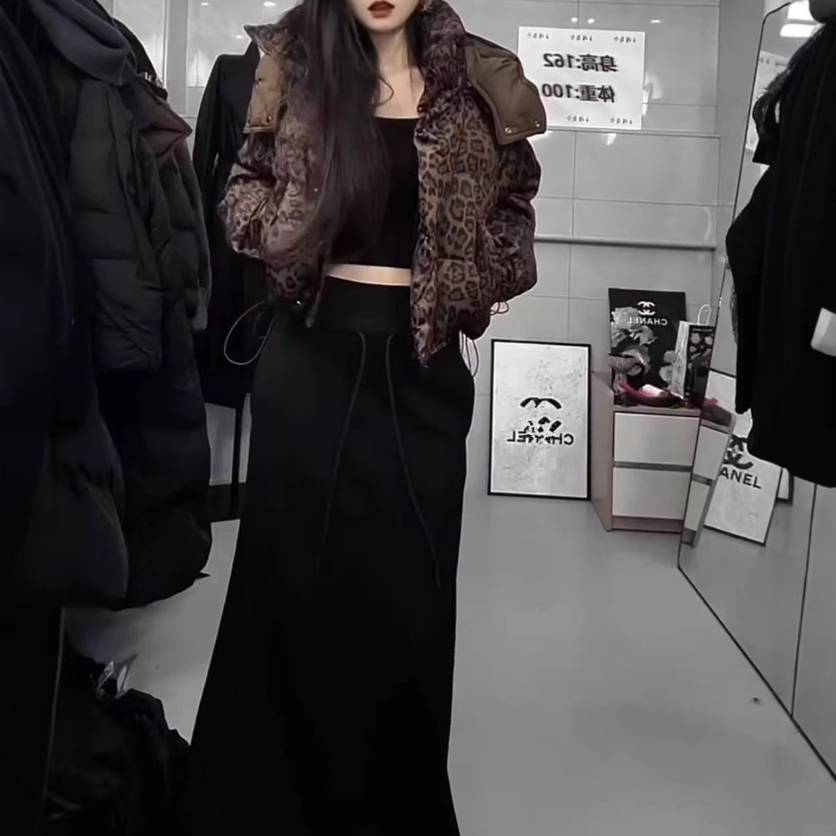 2025冬季新款韩版豹纹连帽宽松加厚棉服外套黑色时尚气质半身长裙