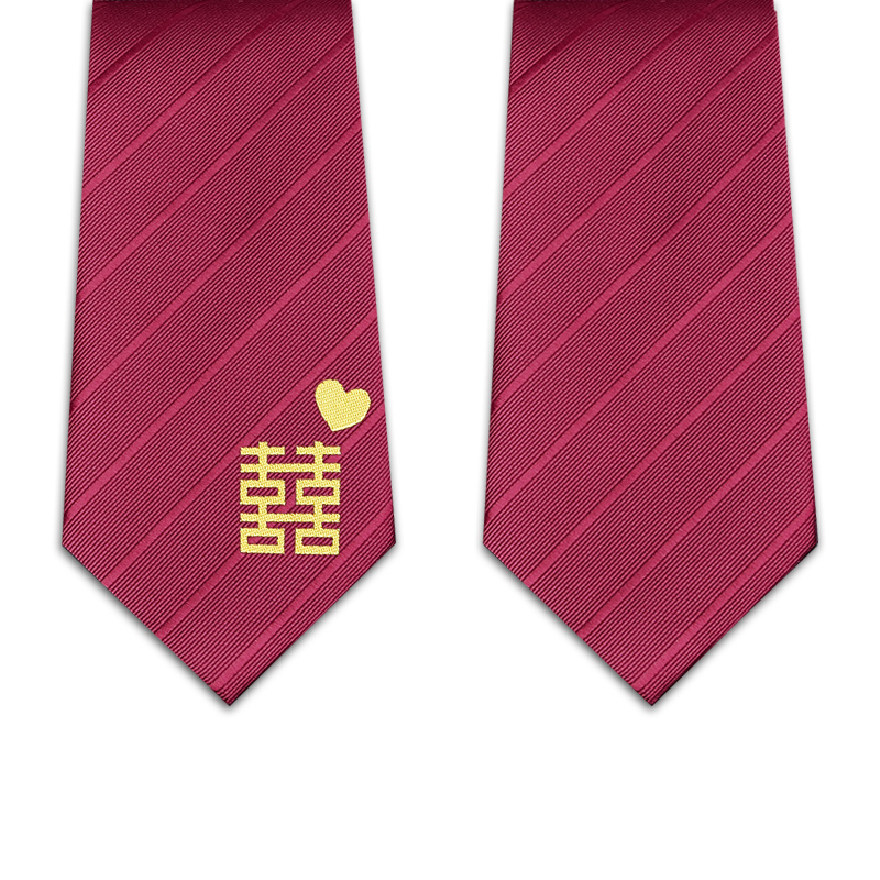 新郎红色领带刺绣双喜结婚拉链式免打结懒人酒红婚礼男士西装衬衫