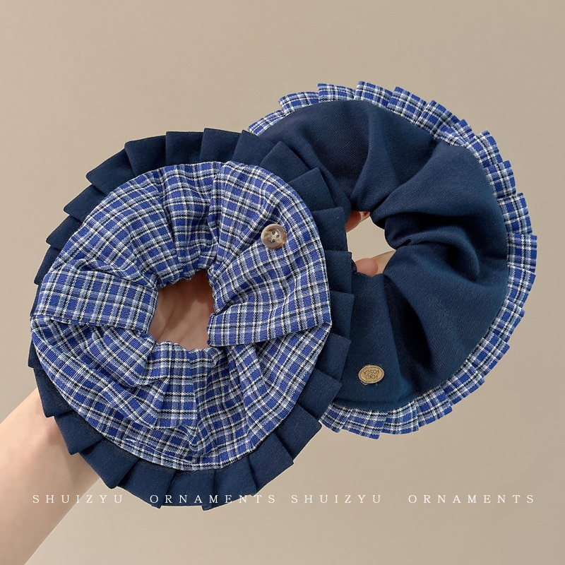 蓝色格子大肠发圈女2025新款气质扎头皮筋发绳复古学院风头绳头饰