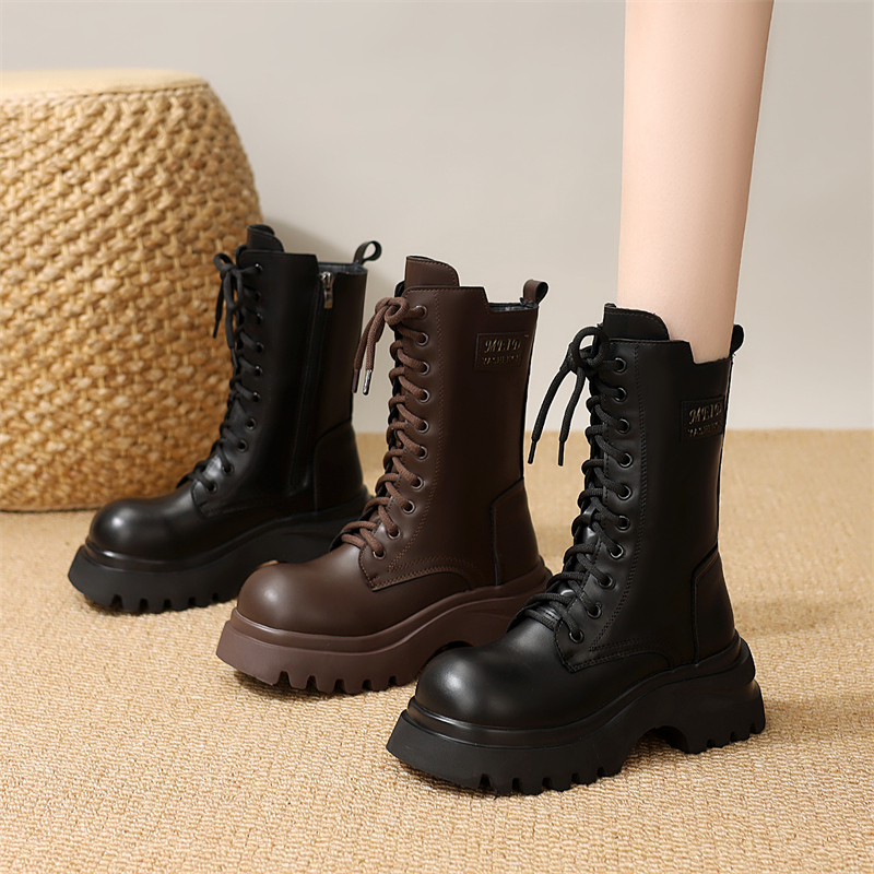 马丁靴女加绒2025秋冬新款厚底增高真皮中筒棉靴轻便软底加绒靴子