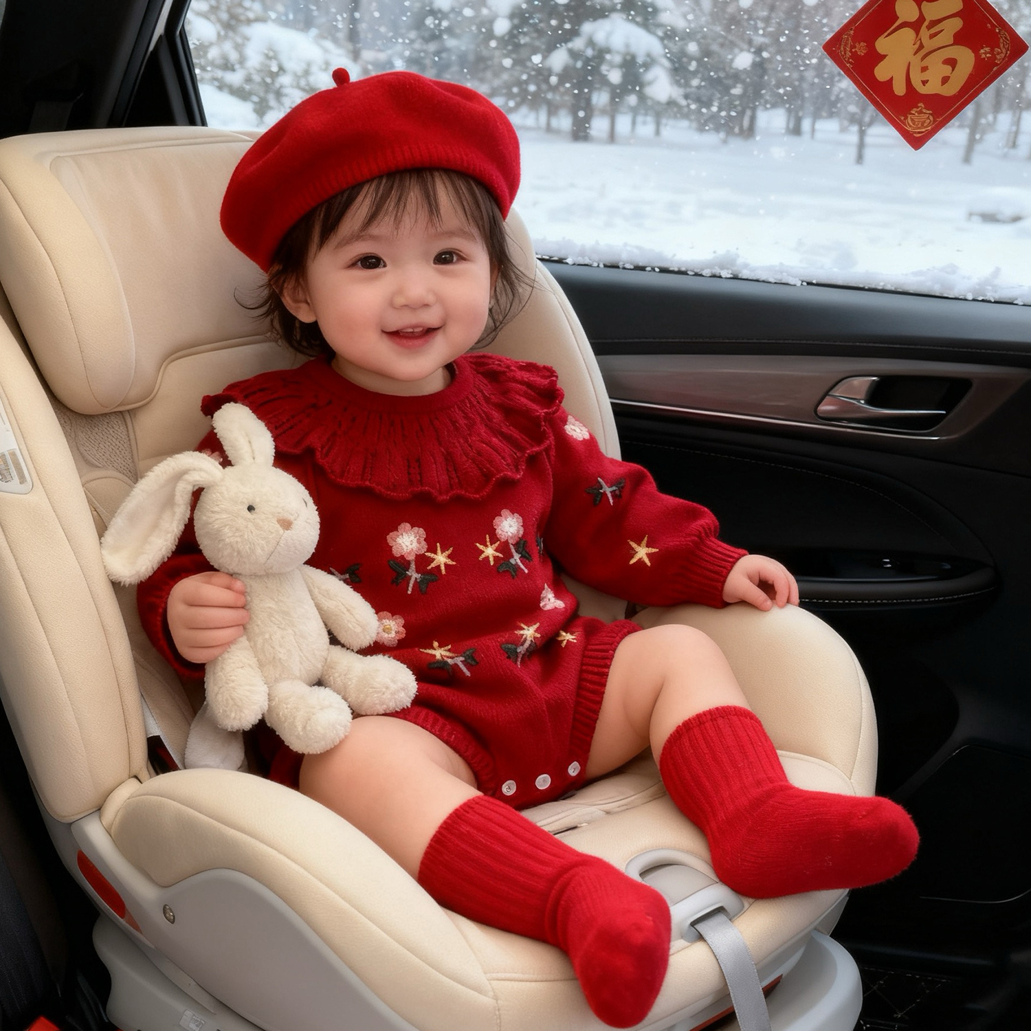 拉果拉婴儿针织连体衣套装韩版宝宝帽子爬服圣诞新年款套装外出服