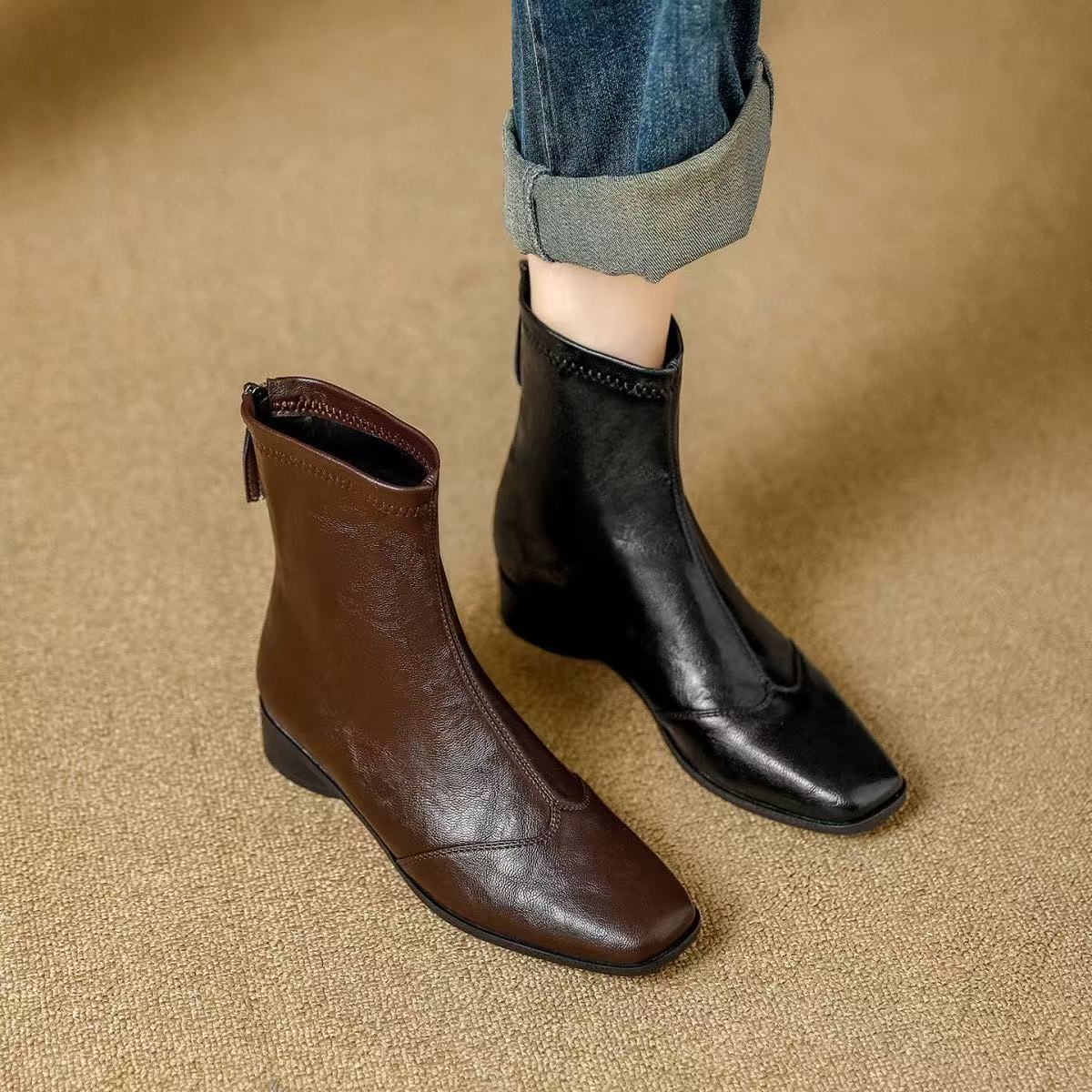 羊皮版英伦风弹力方头粗跟秋冬百搭复古圆头高跟2025年上班鞋子