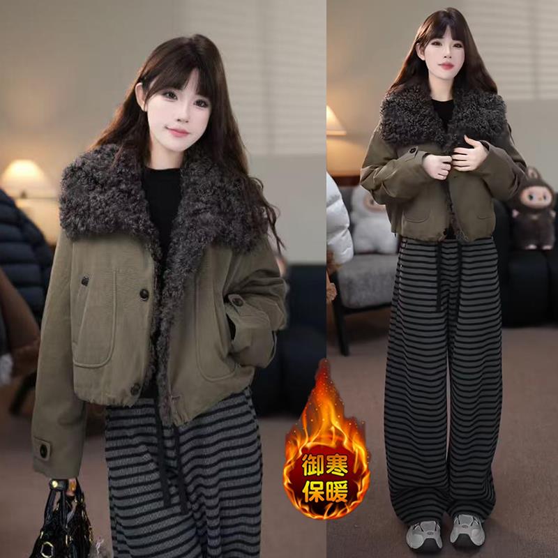 小个子短款棉衣外套女2025冬季新款设计感羊羔毛拼接保暖派克服