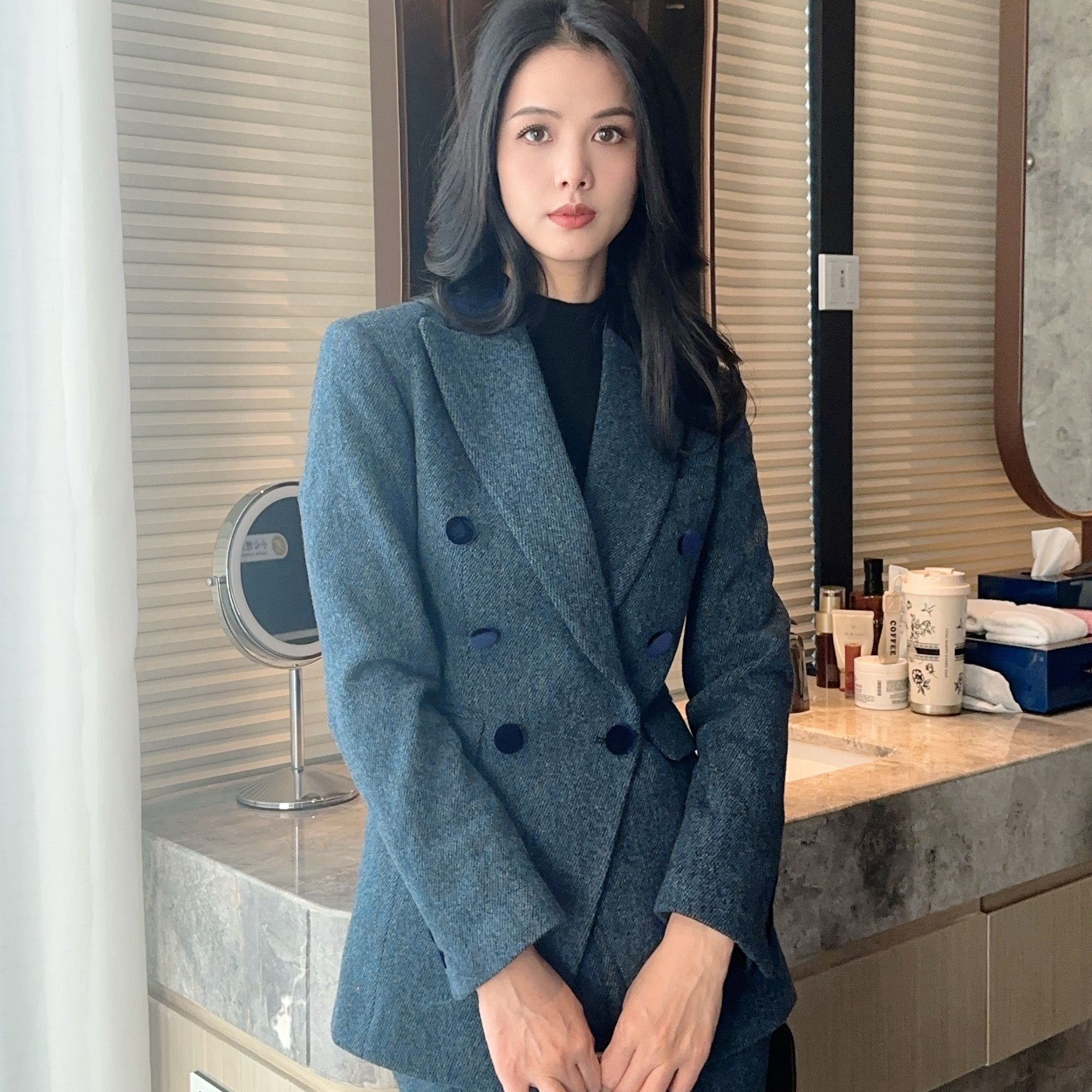 藏蓝色冬款毛呢双排扣西装套装九分裤