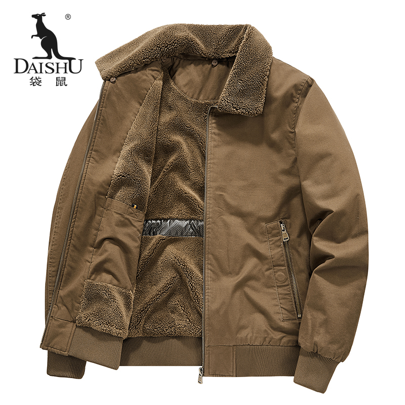 袋鼠男士夹克秋冬季加绒加厚保暖外套纯棉工装休闲飞行服男装棉服