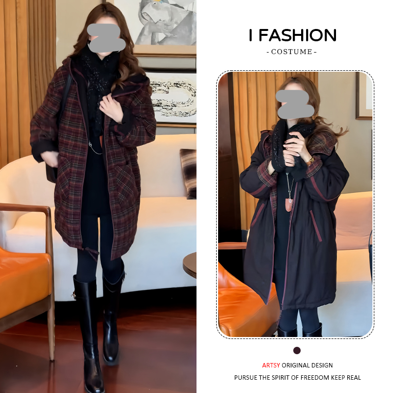 加厚韩系百搭格纹双面穿棉服女2025冬季新款洋气遮肉显瘦保暖外套