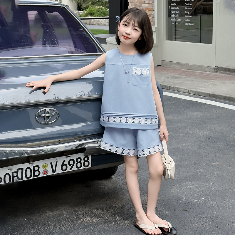 女童夏季背心短裤套装2025新款洋气薄款中大童休闲花边短裤两件套