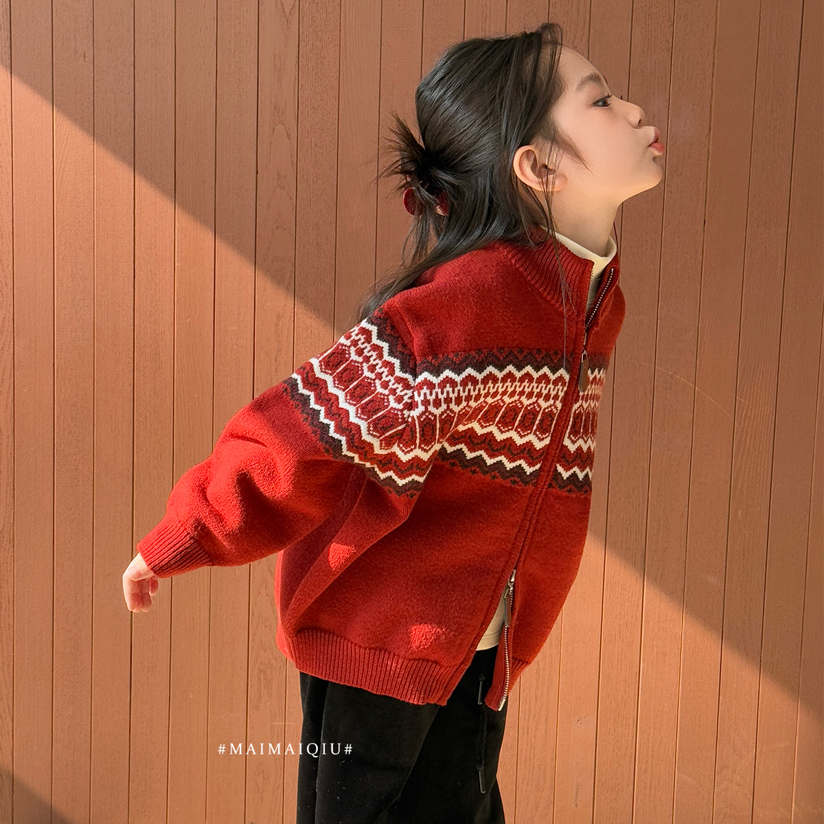 「麦麦秋」【想红就红】双柔纱女中大童冬季提花开衫外套GD2518