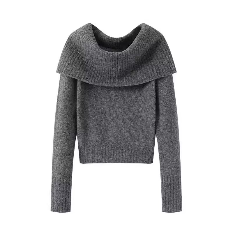 【艾家同款】2025冬季新款百搭纯色漏肩拼接针织衫毛衣女8077/8088