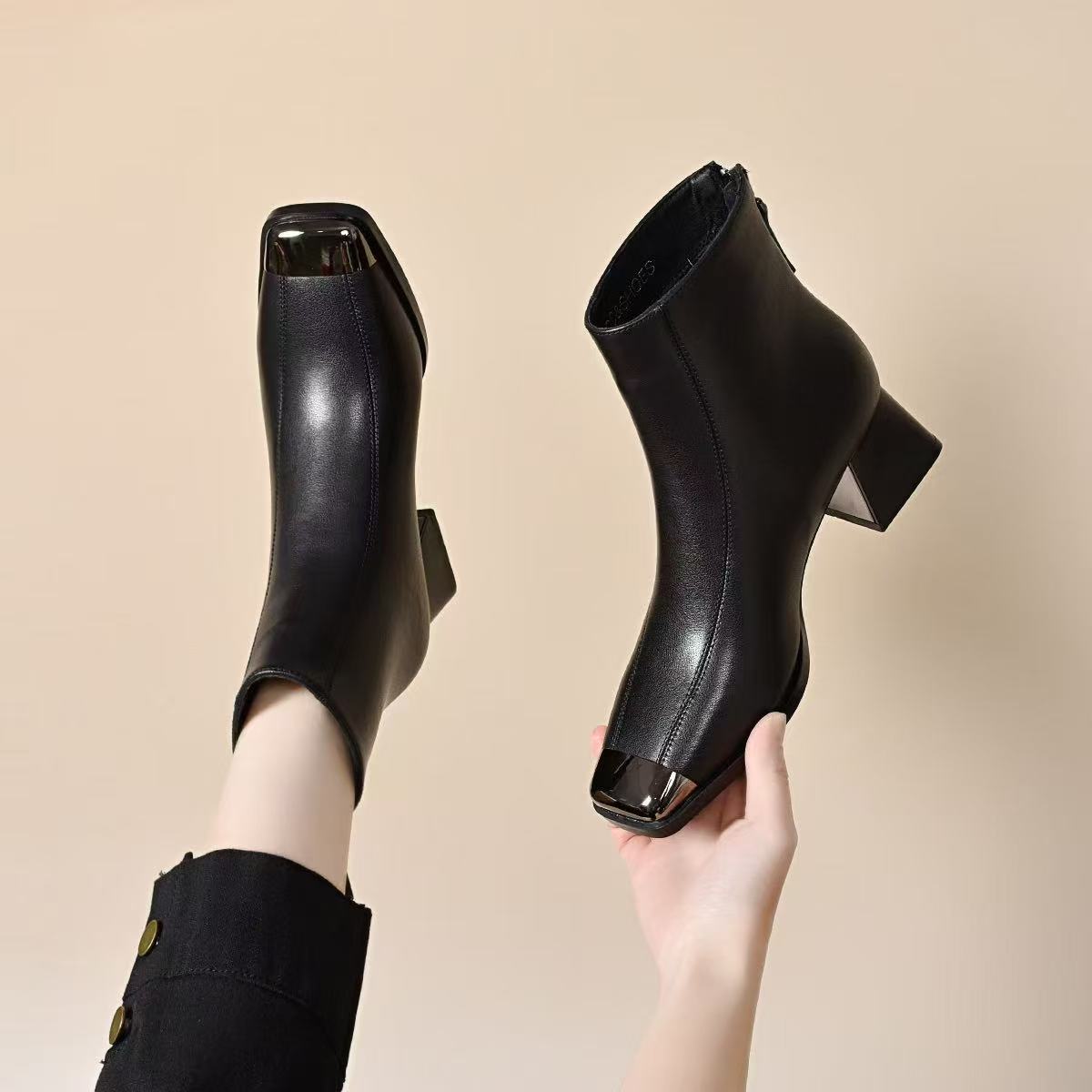 夏季方头短靴瘦瘦靴4公分真牛皮马丁靴女士裸靴单靴英伦风粗跟靴